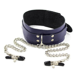 Featuring an image of a Leather Collar and Clamps with adjustable features for personalized fit and metal chain links for an edgy touch.