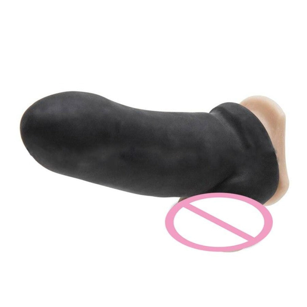 In the photograph, you can see an image of Full Coverage Thick Silicone Penis Sleeve Cock Extender in black color made from silicone material.