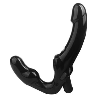 Pictured here is an image of Black 10-Speed Strap On 6 Inch & 9 Inch Dildo Vibrator showing dual shaft design for dual stimulation.