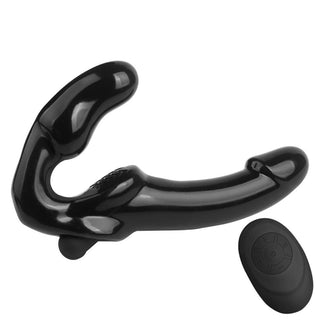 Displaying an image of Strapless Strap On 9-Inch & 6 Inch Dildo Couples Remote Vibrator Women in sleek black design with dual-shafted pleasure device and remote control.
