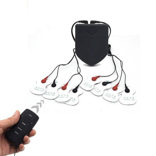 Featuring an image of Wireless Electric Stim Machine remote control with LED light for easy intensity adjustment.