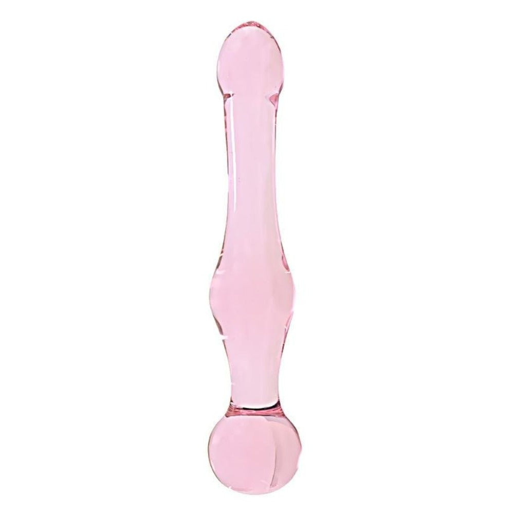 This is an image of the 7.5 inch pink wand, a high-quality glass double ended dildo for shared pleasure in couple play.
