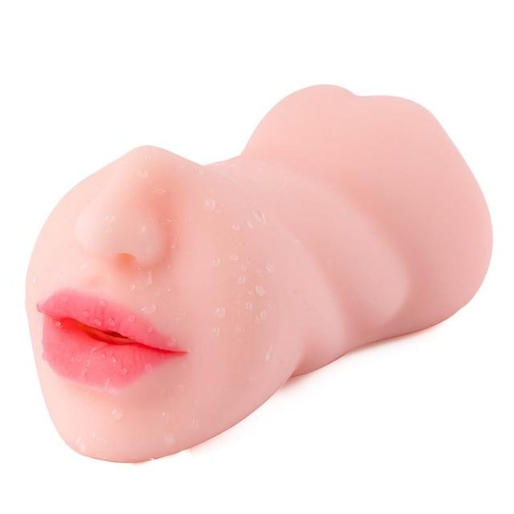 You are looking at an image of Dual Pleasure Channels Stroker Sex Toy with lifelike lips and tight openings for intense pleasure.