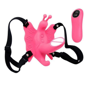 In the photograph, you can see an image of Butterfly Wearable Remote Control Vibrating Underwear in pink color with silicone and ABS materials.
