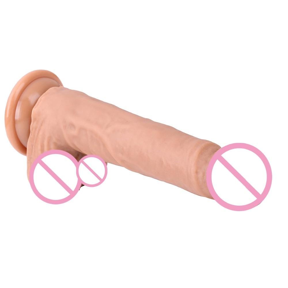 You are looking at an image of Naughty Beaver 8 Inch Silicone Dildo in flesh color with realistic penis head tip and textured balls at the base.