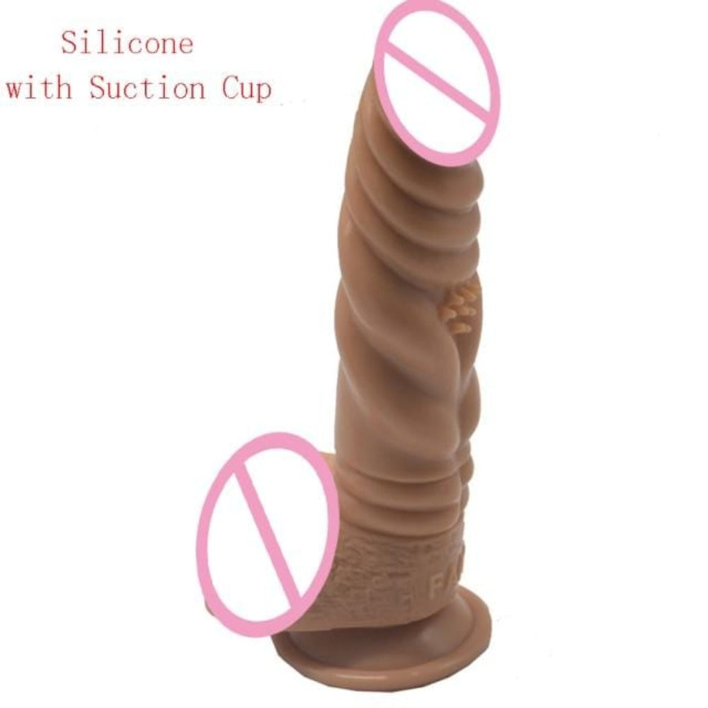 A detailed view of the purple Winding Ribbed Stimulator 8 Inch Knot Dildo with a soft and flexible shaft