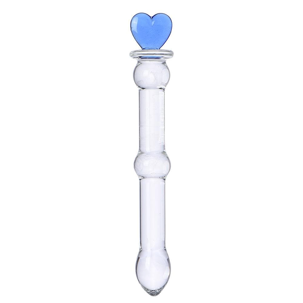 Clear glass dildo with heart-shaped handle, 5.9 inches insertable length, and tapered bulbous tip for G-spot or prostate stimulation.
