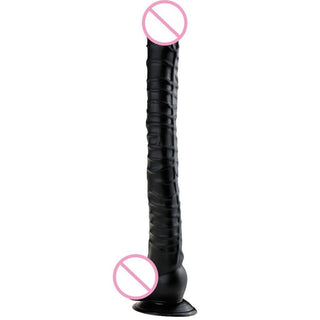What you see is an image of Lengthy 15 Inch G Spot Massager Long Black Dildo with textured shaft and suction cup base.