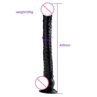 This is an image of Lengthy 15 Inch G Spot Massager Long Black Dildo made of flexible PVC material for comfortable insertion.