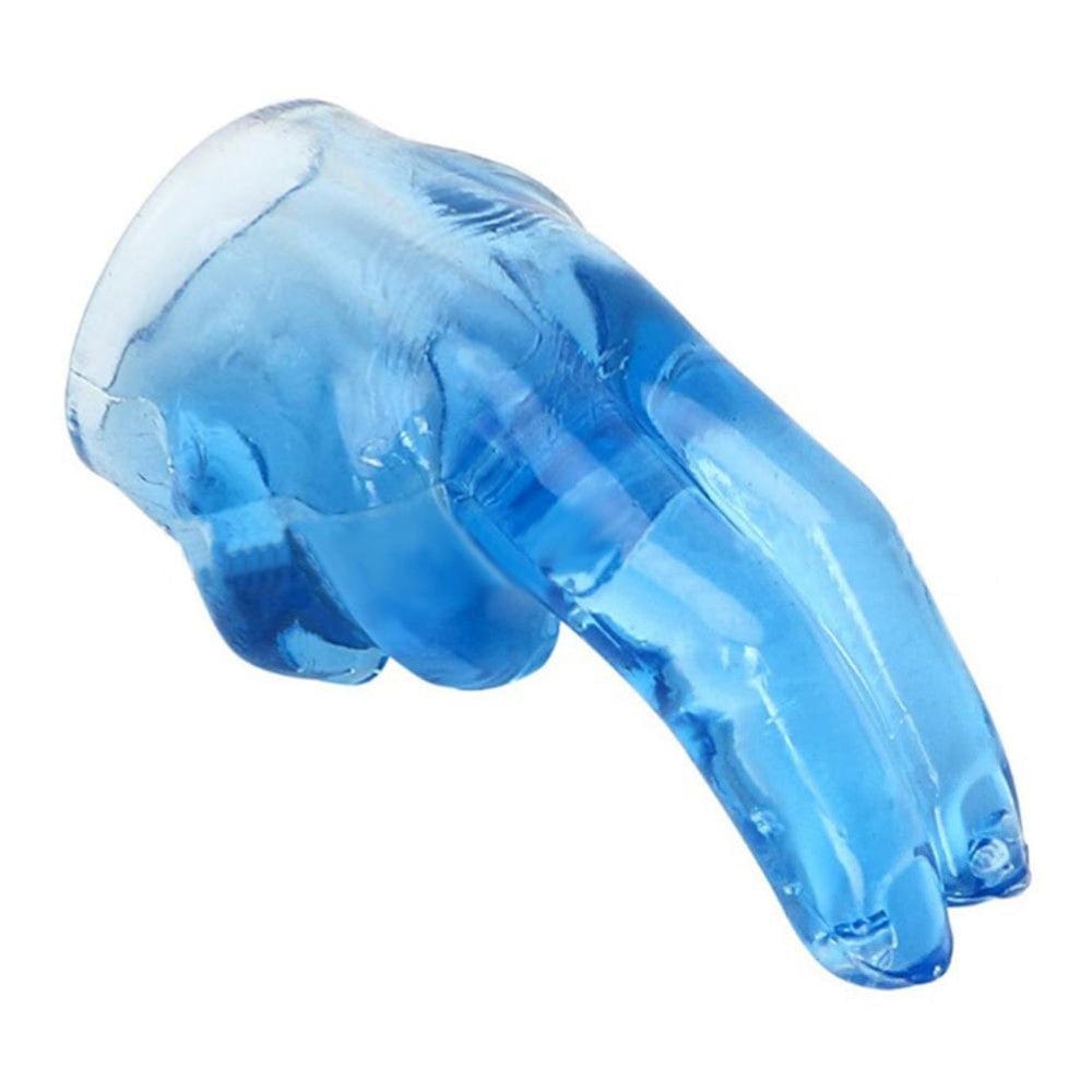 This is an image of the lifelike TPE Two-Finger Stimulation Bluish Clear 2.36 Inch Fisting Dildo Hand, perfect for an erotic ride.
