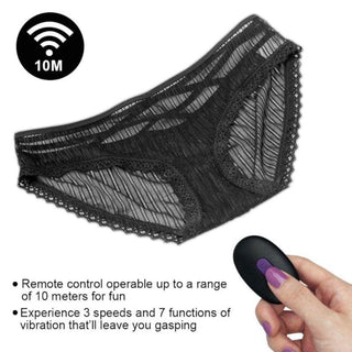 Featuring an image of a wireless remote control for the vibrator with ten different modes.
