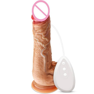 Realistic Heated Silicone Thrusting Dildo Vibrator in flesh color with 12 vibration frequencies and thrusting capabilities.