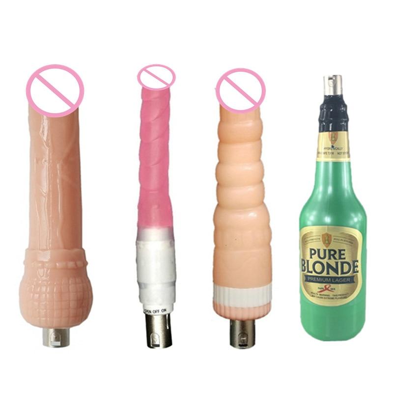 Displaying an image of Handy Handheld Sex Machine Sawzall Set accessories in pink, flesh, and green colors.