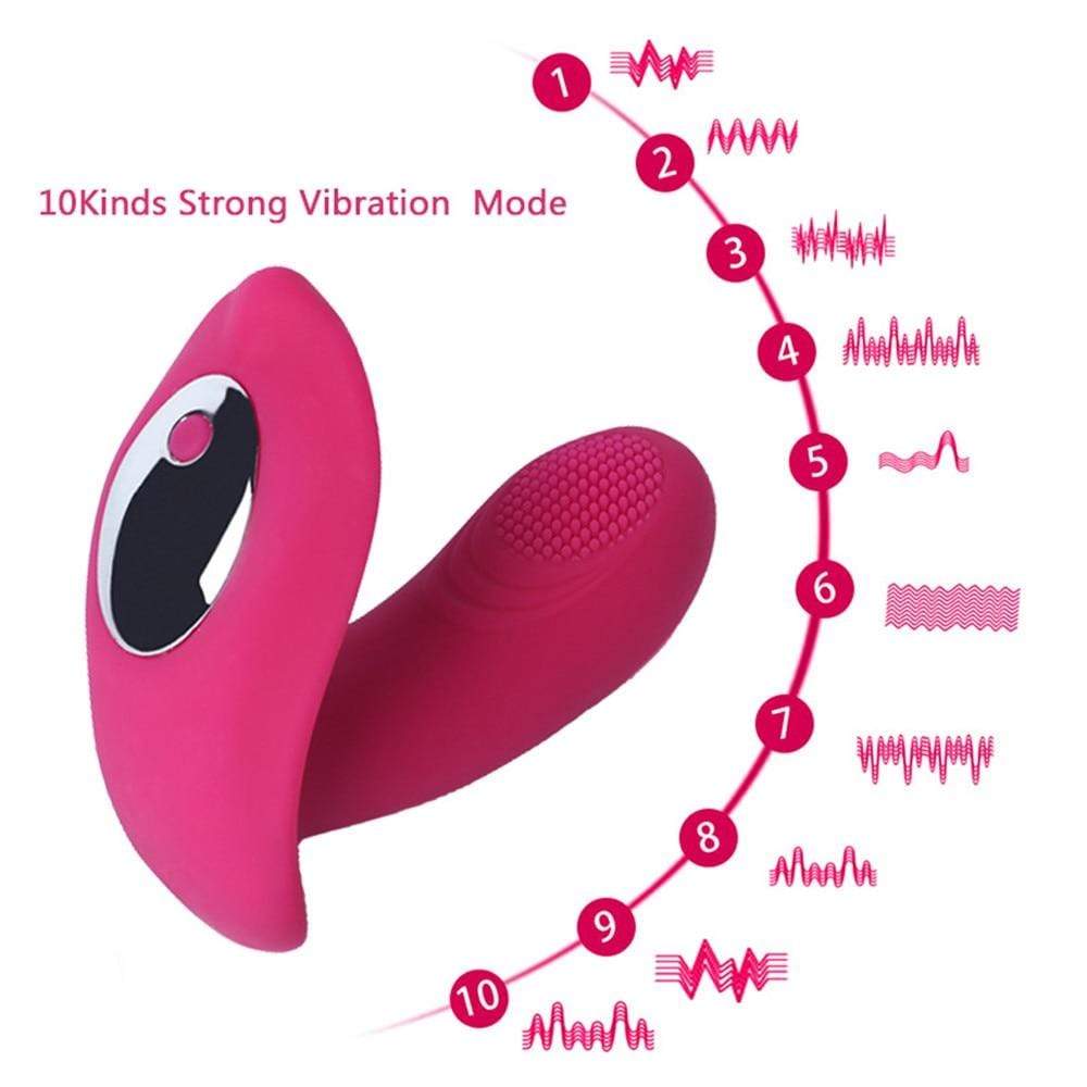 Pictured here is an image of 10 vibration patterns wearable vibrator for solo or partner play.