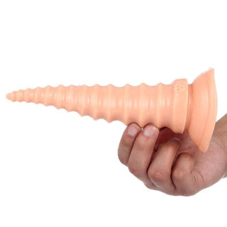 Observe an image of the black and flesh-colored anal dragon dildo made of PVC plastic.
