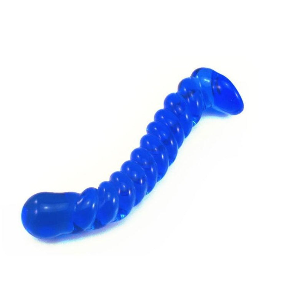 Curved Blue Spiral 7 Glass Dildo image showcasing its flared base for safe anal play.