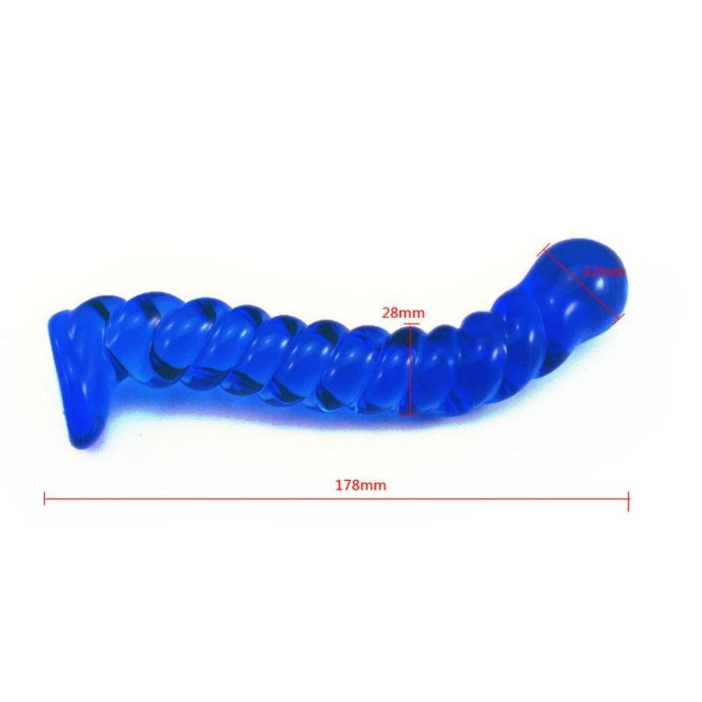 Curved Blue Spiral 7 Glass Dildo image, order now for orgasm filled days ahead.