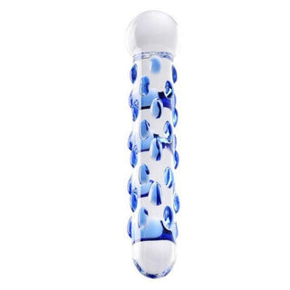 This is an image of Beaded Bliss 7 Inch Double Ended Dildo with a glossy shaft filled with blue bumps for jolting sensations.