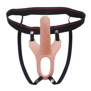 In the photograph, you can see an image of Pegging Strap On For 5.7 Inch Couples in sleek beige color made of premium silicone material.