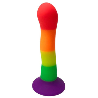 Curved rainbow dildo for anal play with flared base and suction cup.