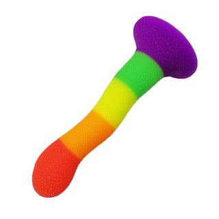 Long, curved anal dildo in vibrant rainbow hues for hands-free stimulation.
