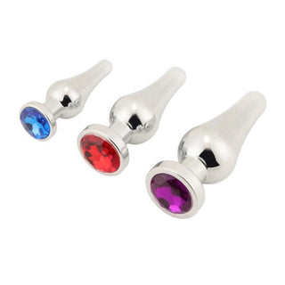 Pictured here is an image of Cute Pear-Shaped Steel Jeweled 3pcs Training Kit featuring three different sizes of jeweled plugs made from premium stainless steel.