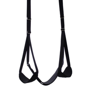 This is an image of Hanging Pleasure Sling Leather Sex Swing showcasing its adjustable straps and padded sections for comfort and versatility.