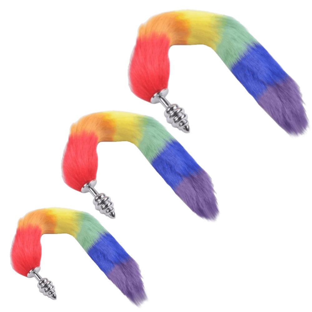 Presenting an image of Rainbow-Colored Metallic Cat Tail Plug crafted with body-safe stainless steel and faux fur for luxurious comfort.