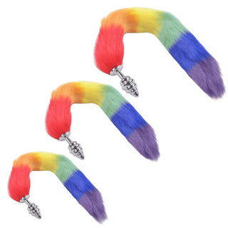 Presenting an image of Rainbow-Colored Metallic Cat Tail Plug crafted with body-safe stainless steel and faux fur for luxurious comfort.