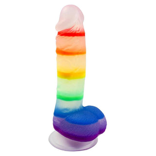 Feast your eyes on an image of Realistic 7 Inch Pride Jelly Rainbow Dildo Pride With Suction Cup and Balls in multi-color silicone material.