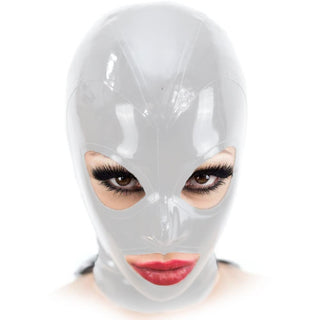 Handmade Natural Latex Sex Rubber Mask in snowy white hue with strategic eye, nostril, and mouth holes for sensory exploration.