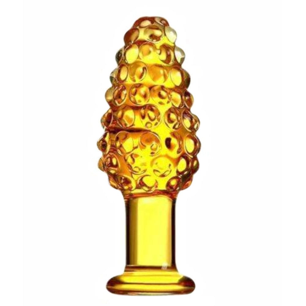 Feast your eyes on an image of Yellow Glass Plug Men Play Toy with unique textured surface for enhanced stimulation.