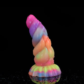 Displaying an image of the unique shape of the dragon dildo with ribbed design and luminous color.