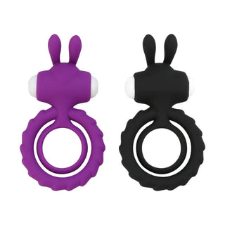 Here is an image of Naughty Bunny Vibrating Cock and Ball Ring in naughty purple and black silicone material.