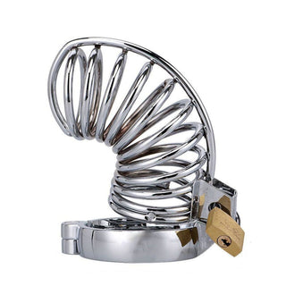 Here is an image of the Goofy Gunner Device, a stainless steel male chastity cage with varying ring sizes for a tailored fit.