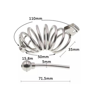 Check out an image of Chrome Rings Urethral Steel Cock Cage, a tough and rigid metal cage designed for security and durability in intimate moments.
