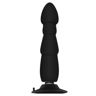 Rechargeable black silicone vibrating plug featuring deep textured ribs and a wide flared safety base.