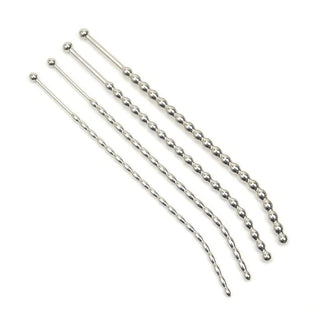 Curved metal sounding rod penis stretching plug with varying widths for escalating pleasure.