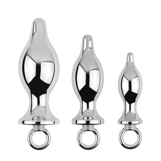 Sleek metal plug with pull ring, 2.83 inches long, for enhanced pleasure.