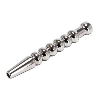 Displaying an image of Ribbed Stainless Hollow Penis Plug for intense urethral stimulation and pleasure.