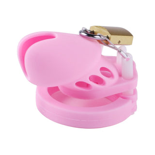 A picture of Soft Chamber Sissy Silicone Male Chastity Cage in pink color with a fixed cable lock