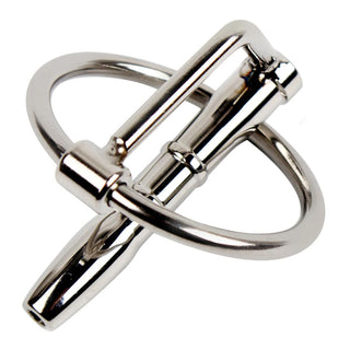 Hollow stainless steel penis plug with interchangeable rings for enhanced stimulation.