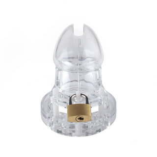 Featuring an image of the smooth, clear ABS plastic cage offering a visually exciting dynamic in intimate play.