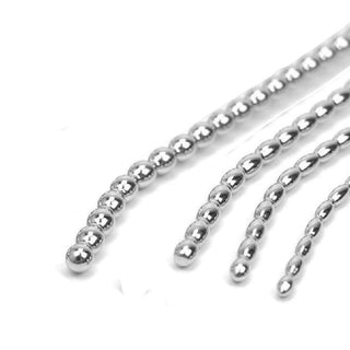 Image of a stainless steel curved beaded penis plug measuring 10 inches in length.