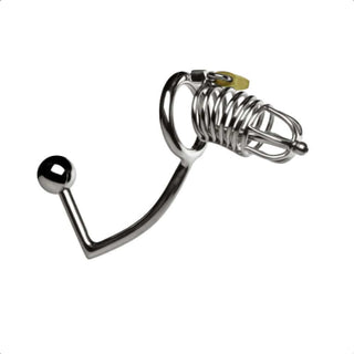 Presenting an image of Extreme Discipline Holy Trainer Urethral Male Chastity Cage, a stainless steel chastity device designed for domination and submission play.