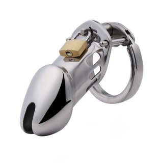 Observe an image of Cock Arrest Metal Device in stainless steel with padlock mechanism for chastity.