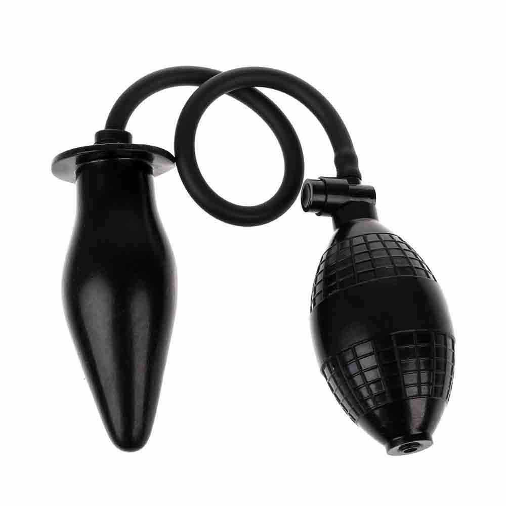 Black silicone expanding butt plug with a tapered tip and wide flared base for safe play