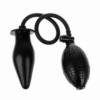 Black silicone expanding butt plug with a tapered tip and wide flared base for safe play