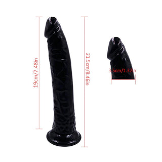 The 1.38 width/diameter of the black silicone dildo with a realistic feel.