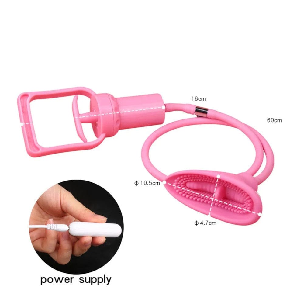Displaying an image of Fancy Pink Clitoral Pump with specifications including color, materials, and dimensions.